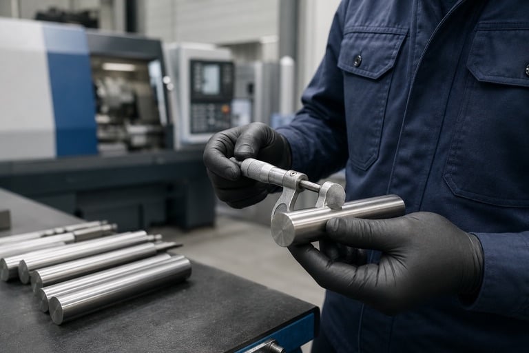 Precision round bar being checked for dimensional consistency