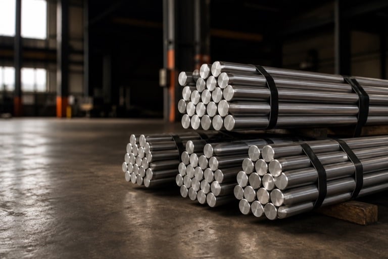 Bundles of precision round bar staged for sourcing and regional shipment