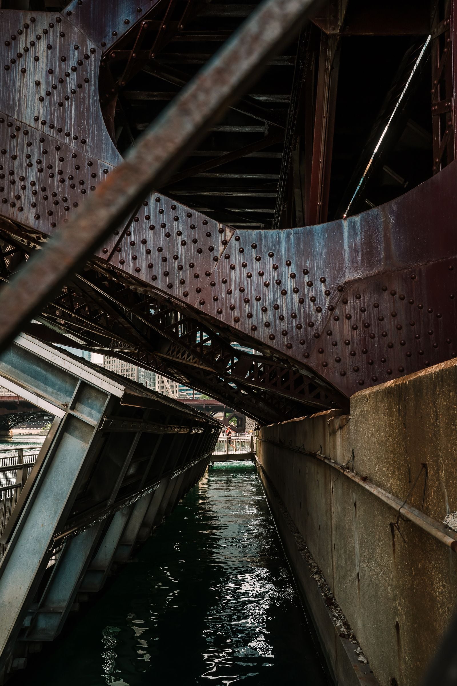 Riveted steel bridge structure above the Chicago River